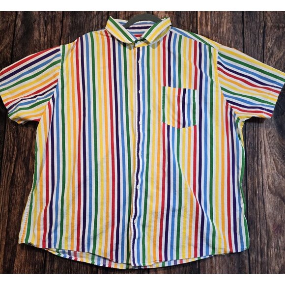 Trinity Collective Button Up Short Sleeve Multicolor Striped Shirt 80s Style 2XL - Picture 1 of 12